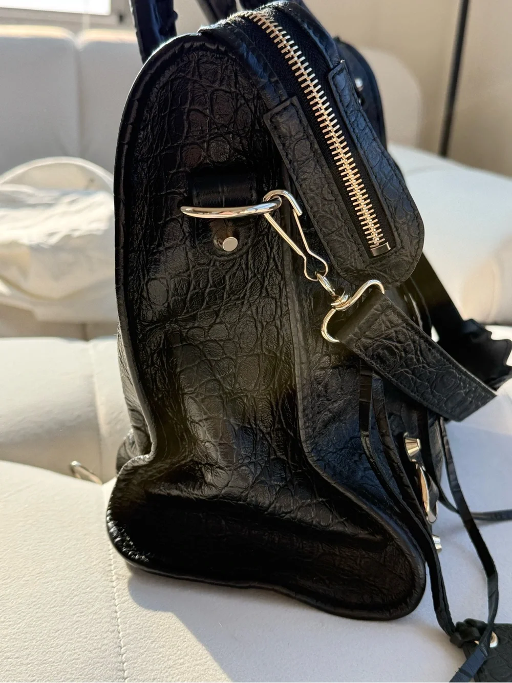 Balenciaga Black Croc-Embossed Lamb Leather City Bag